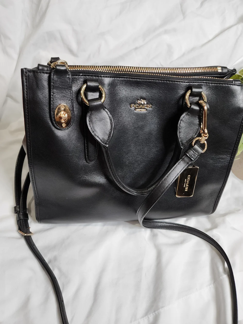 COACH Black Leather Double Zip Satchel Bag Gold Hardware Shoulder Carryall Excel
